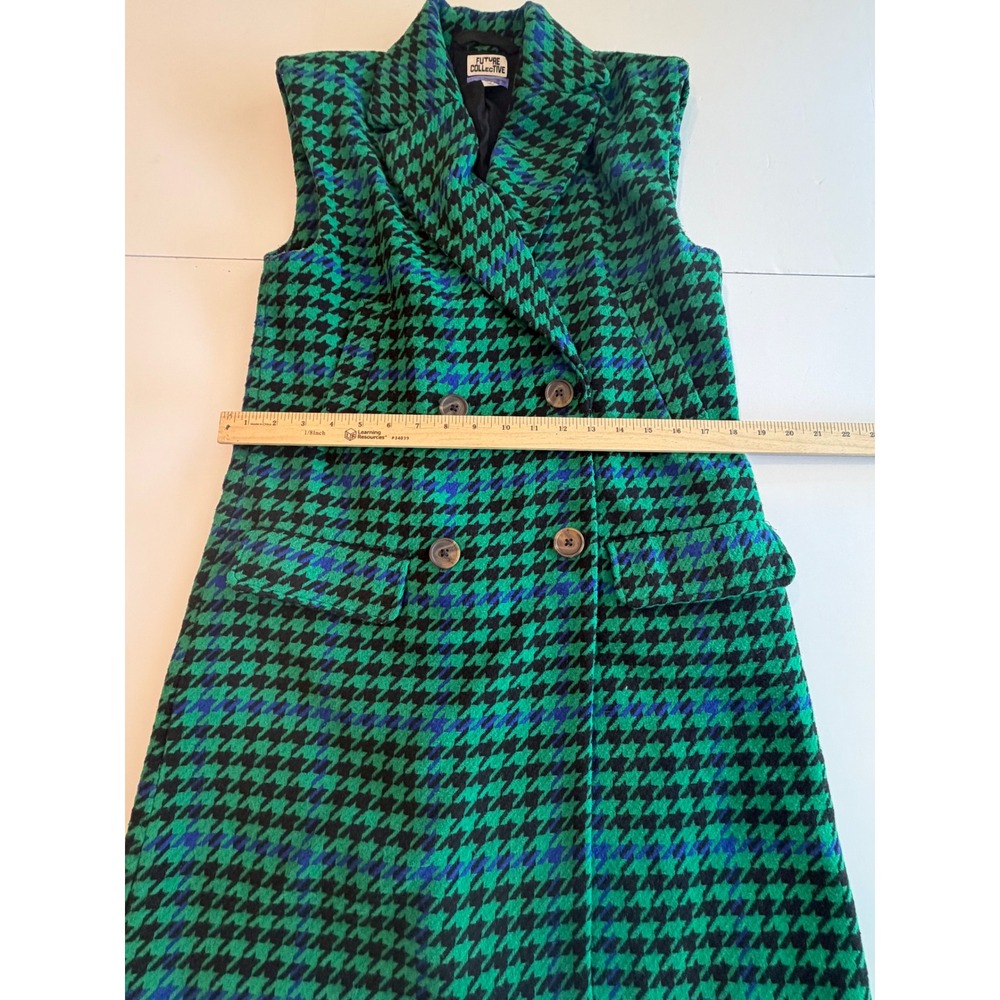 Future Collective Green Blue Houndstooth Longline Vest Double Breasted S - Picture 8 of 9
